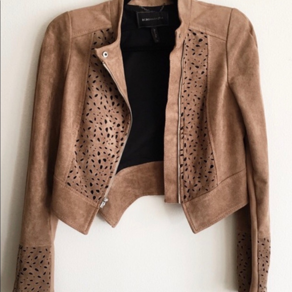 BCBGMaxAzria Faux Suede Laser Cut Cropped Jacket